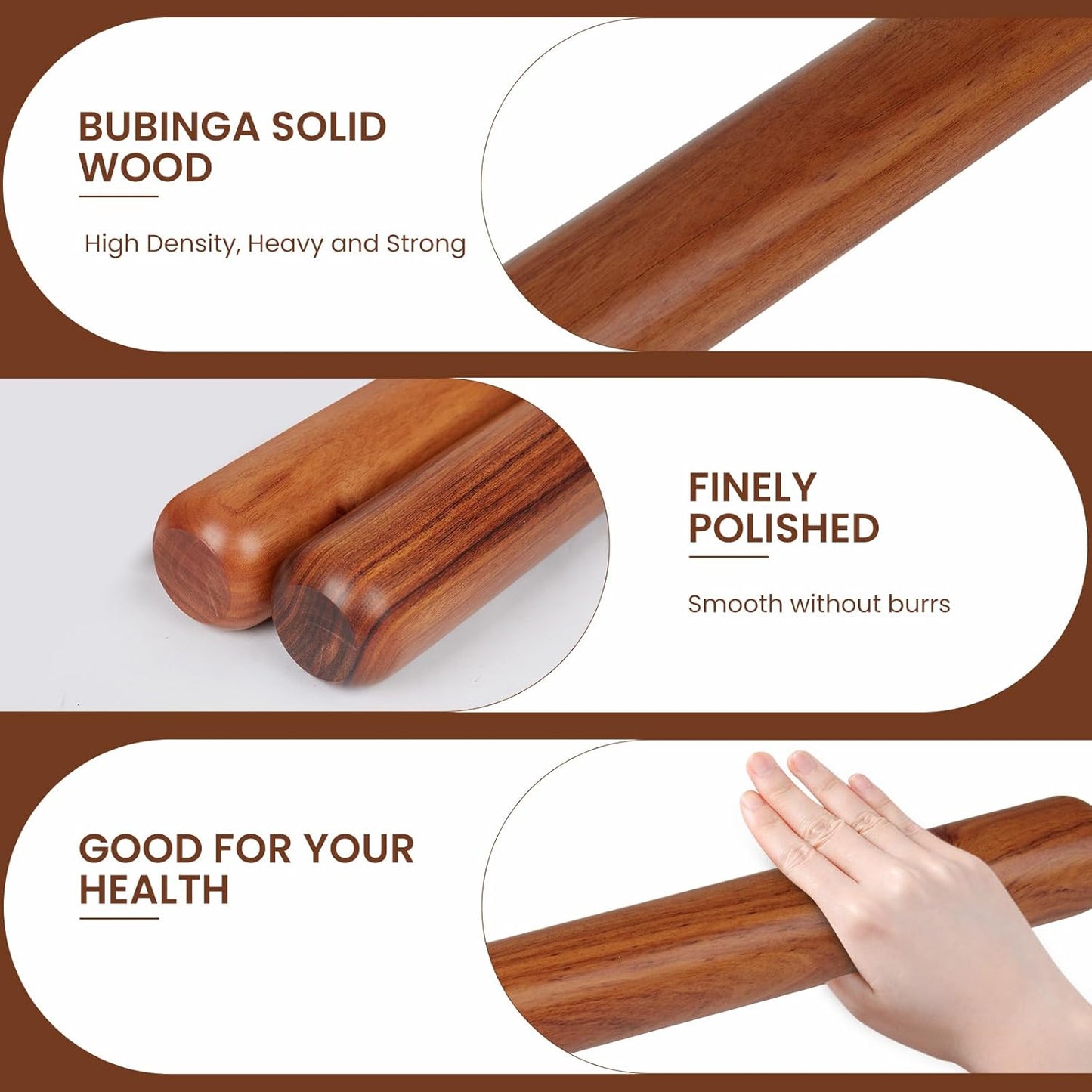 Natural High-Density Solid Bubinga Wood French Rolling Pin | 50% Heavier than Sapele pins | Less Effort | Perfect for Pies, Pastry & Cookies | Protective Fabric Sleeve - Ideal Baking Gift.