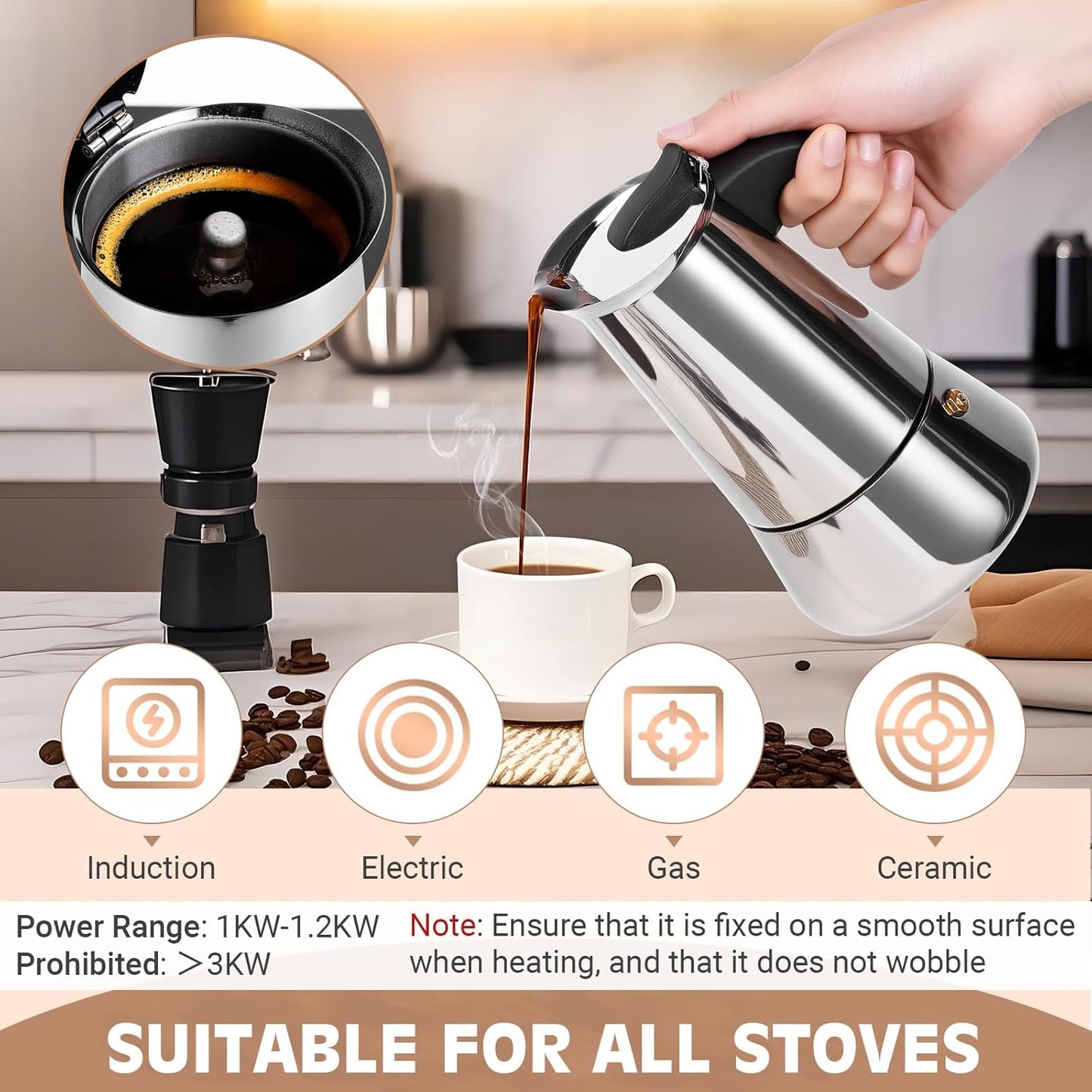 Moka Pot, 6 Cups (10.6 oz) Stovetop Espresso Maker, 304 Stainless Steel Moka Pot, Induction Compatible, Silver