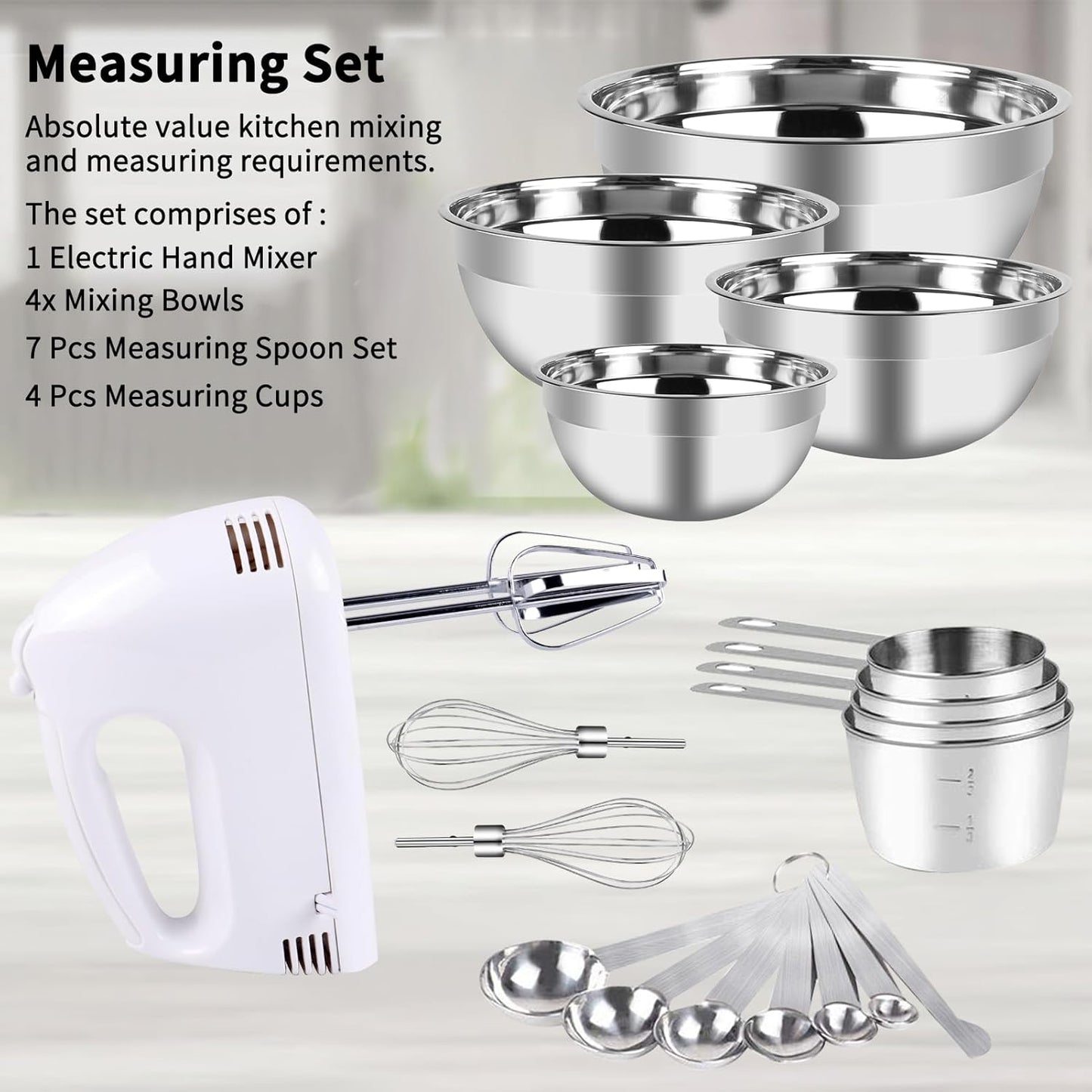 Hand Mixer Electric Mixing Bowls Set, 5 Speeds Handheld Mixer with 4 Nesting Stainless Steel Mixing Bowl, Measuring Cups Spoons 200W Kitchen Blender Whisk Beater Baking Supplies For Beginner