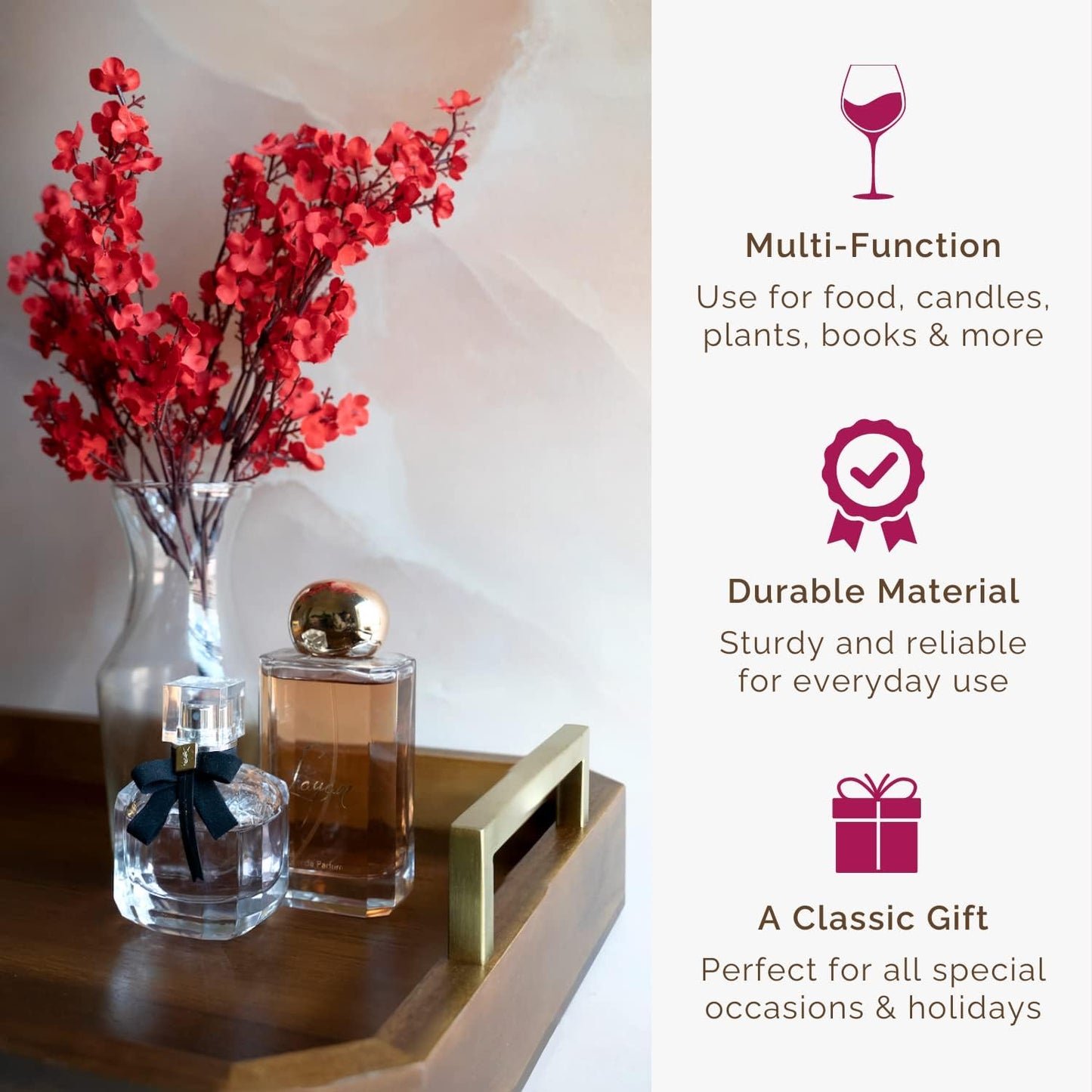 Decorative Acacia Wood Ottoman Tray - Coffee Table Tray - Breakfast, Party, Drinks, Snack, Liquor Serving Platter - Farmhouse to Modern - Brass Handles (Varnish)