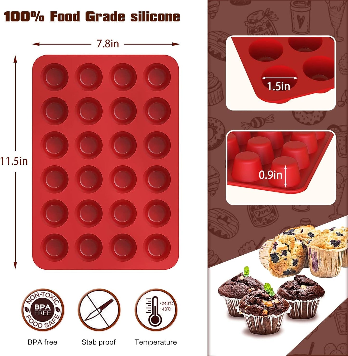 SILIVO 2-inch Deep Mini Muffin Pans Nonstick 24 Cup (2 Pack) - Mini Cupcake Pans - Silicone Muffin Tins for Muffins, Cupcakes and Egg Bites