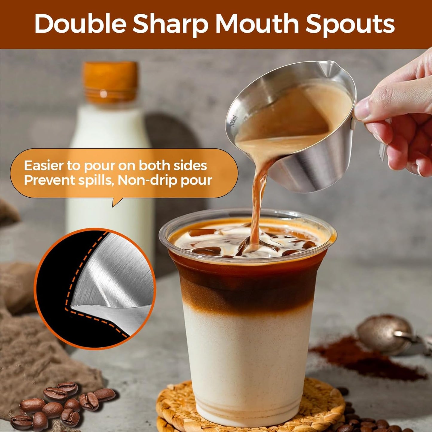 4Pcs Stainless Steel Espresso Cups, Double Spout Metal Espresso Measuring Cup with Handle, Dual Scale Espresso Shot Cup with V-Shaped Mouth, 3.4oz/100ml (Silver)