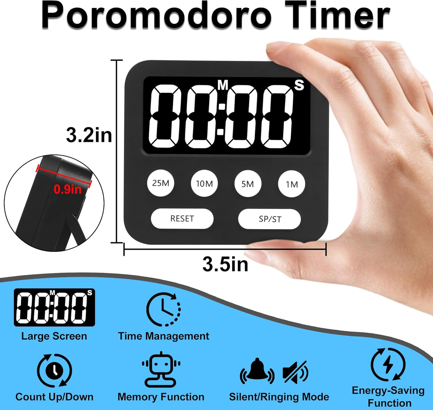 Pomodoro Timer, Digital Productivity Timer with Large Display, Kitchen Timers for Cooking, Settings 1-5-10-25 Minutes, Black