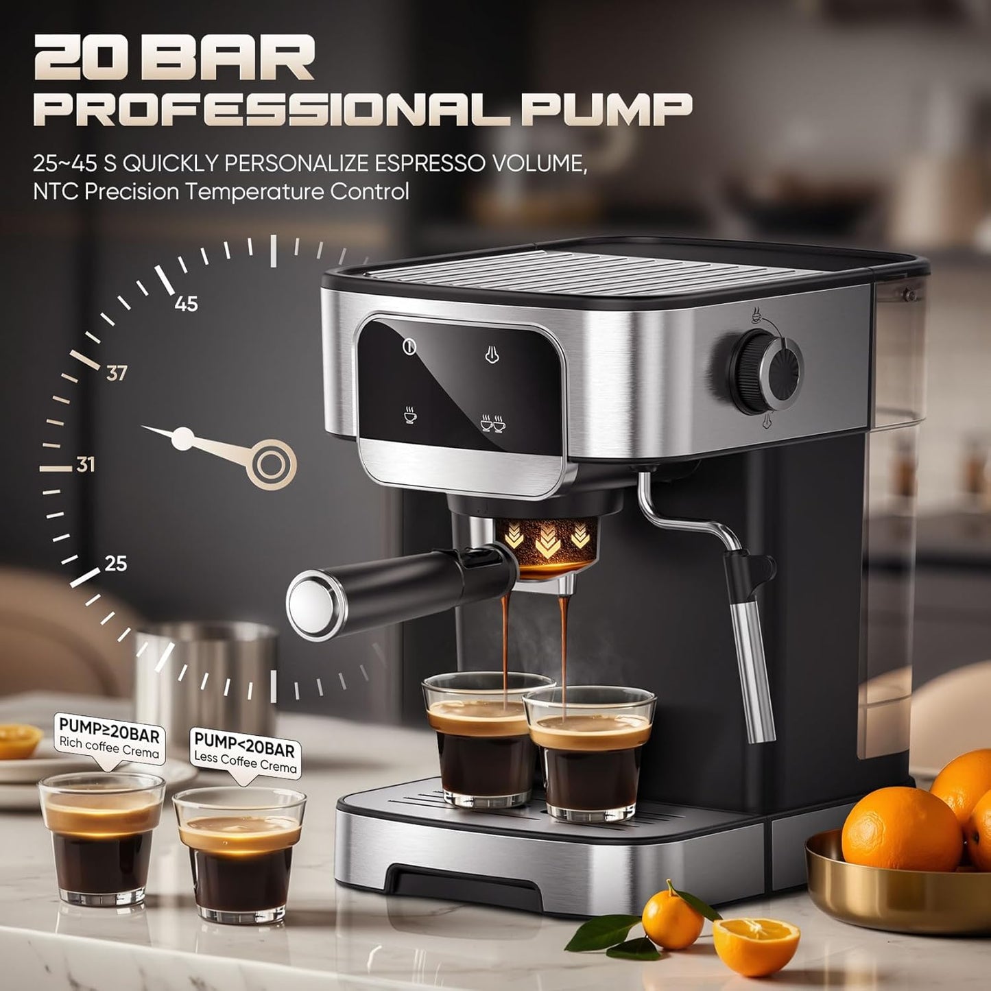 Espresso Machine 20 Bar, Professional Espresso Maker with Power Milk Frother，Compact Espresso Coffee Machine With LED Touch Screen for Home Latte, Cappuccino, 61OZ Removable Water Tank 2025