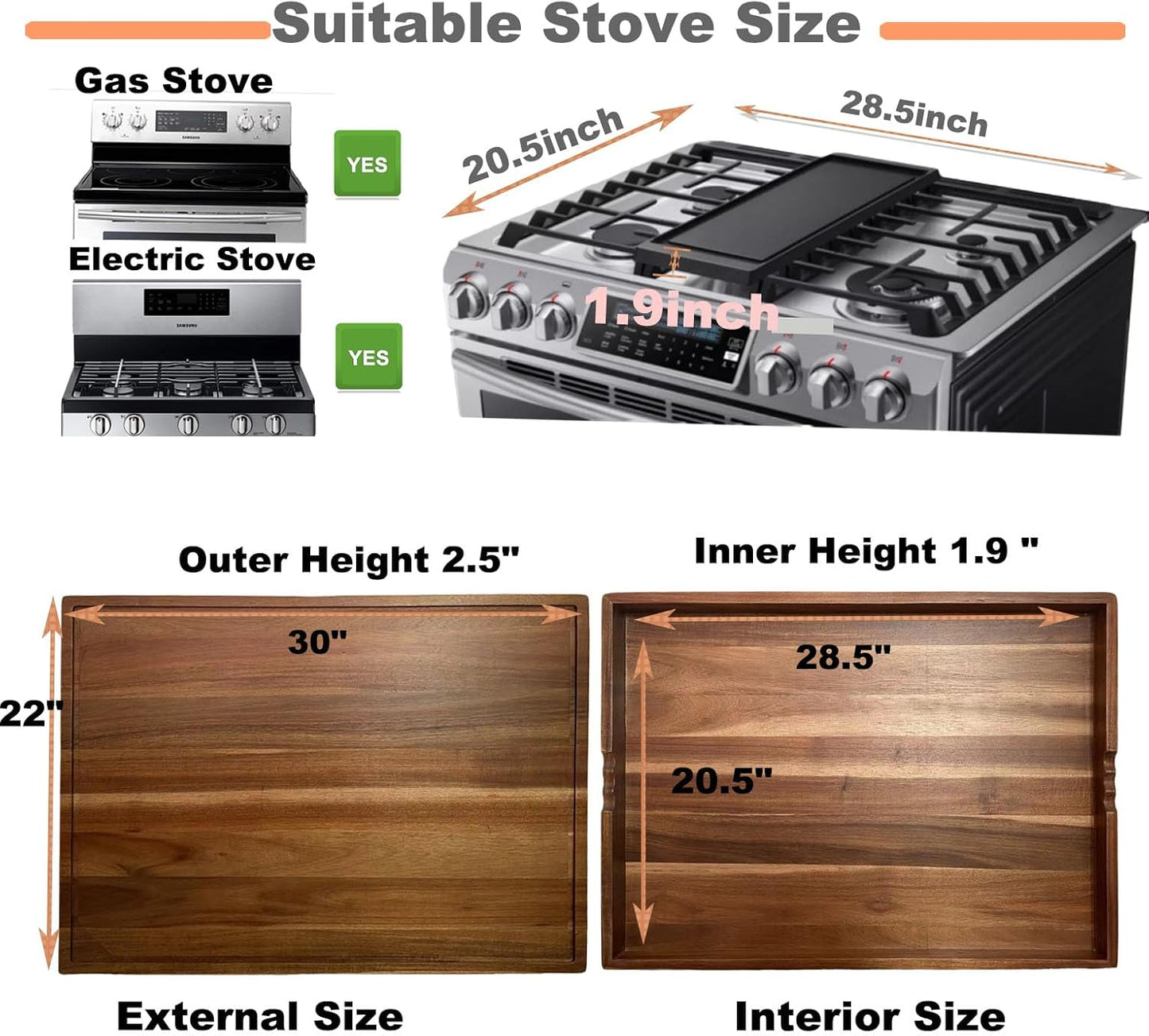 Acacia Noodle Board Stove Cover with Wavy Handles, Wooden Stove Top Cover for Gas Burners & Electric Stove, Stovetop Cutting Board with Juice Grooves, Serving Tray 30"L x 22"W x 2.5"H