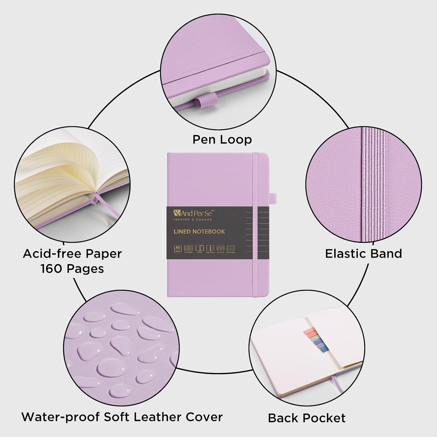 &And Per Se Lined Journal Notebook (5 Packs), 160 Pages, A5 5.7 x 8 inches College Ruled Thick Paper Notebook Journals for Writing, Hardcover Notebooks for Women Men Office School (Lavender)