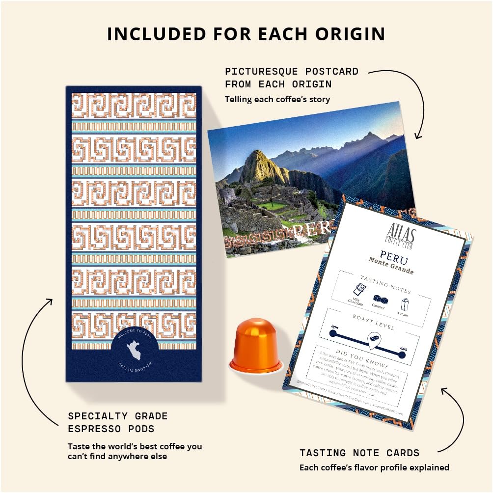 Atlas Coffee Club Espresso Pods Compatible with Nespresso Original– Extra Dark Roast (10 Count)– Aluminum Capsules from Peru– Intensity 11