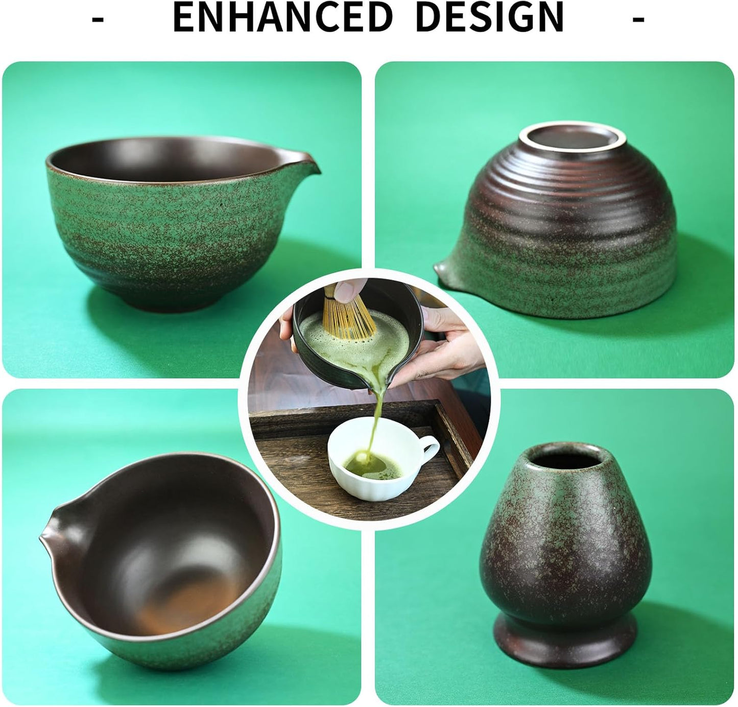 Matcha Whisk Set,Matcha Set Includes Ceramic Bowl with Spout,Stainless Sifter,Scoop,Whisk and Holder,Complete 5 Pcs Japanese Matcha Kit Making Tools,Green