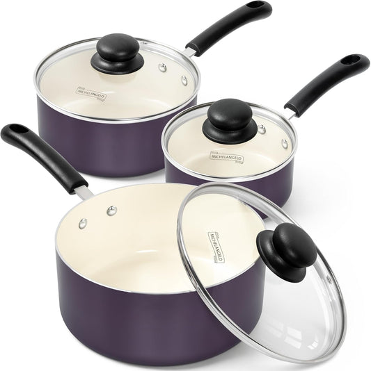 MICHELANGELO Nonstick Sauce Pan with Lid, Ceramic Saucepan Set, Non Toxic Small Saucepans Sets with Stay-Cool Handle, Induction Pots For Cooking, PTFE & PFOA Free - 1Qt & 2Qt & 3Qt, Purple