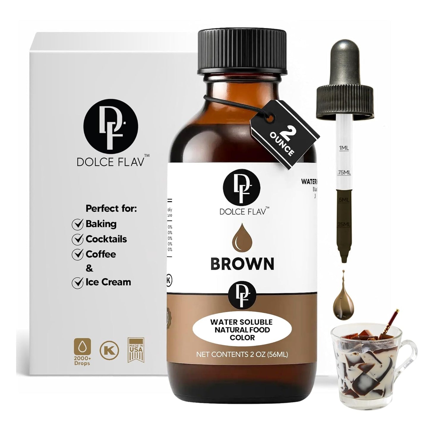 Dolce Flav Natural Brown Food Coloring – 2 oz Liquid Color from Class IV Caramel with Graduated Dropper | Water-Soluble | For Baking, Beverages & Sauces | Kosher | Made in USA