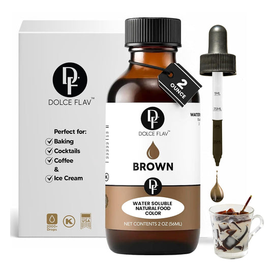 Dolce Flav Natural Brown Food Coloring – 2 oz Liquid Color from Class IV Caramel with Graduated Dropper | Water-Soluble | For Baking, Beverages & Sauces | Kosher | Made in USA