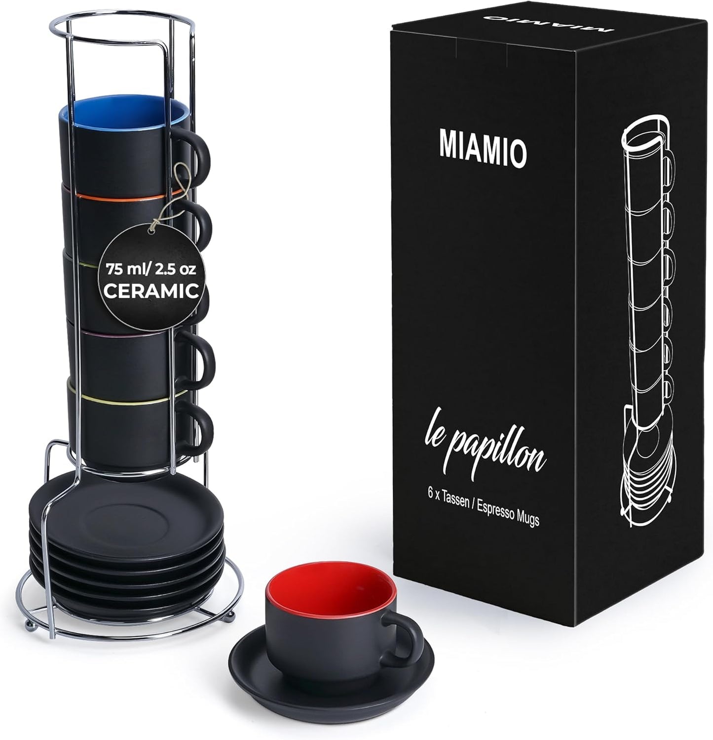 MIAMIO - 2.5 oz Espresso Cup Set with Saucers Coffee Mug Set of 6 - Ceramic Coffee Mug Stackable Espresso Mug with Stand for Coffee Drinks, Latte, Cafe Mocha - Le Papillon Collection (Colorful)
