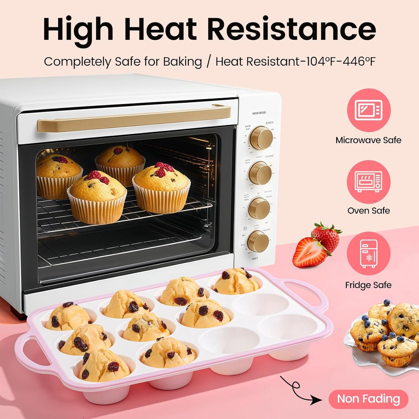 Silicone Muffin Pans for Baking 2 Pack, 2.6 Inch with Metal Reinforced Frame, Regular Size Nonstick Silicone Cupcake Pan for Baking Homemade Muffins, Cupcakes, Dishwasher Safe BPA Free-Pink