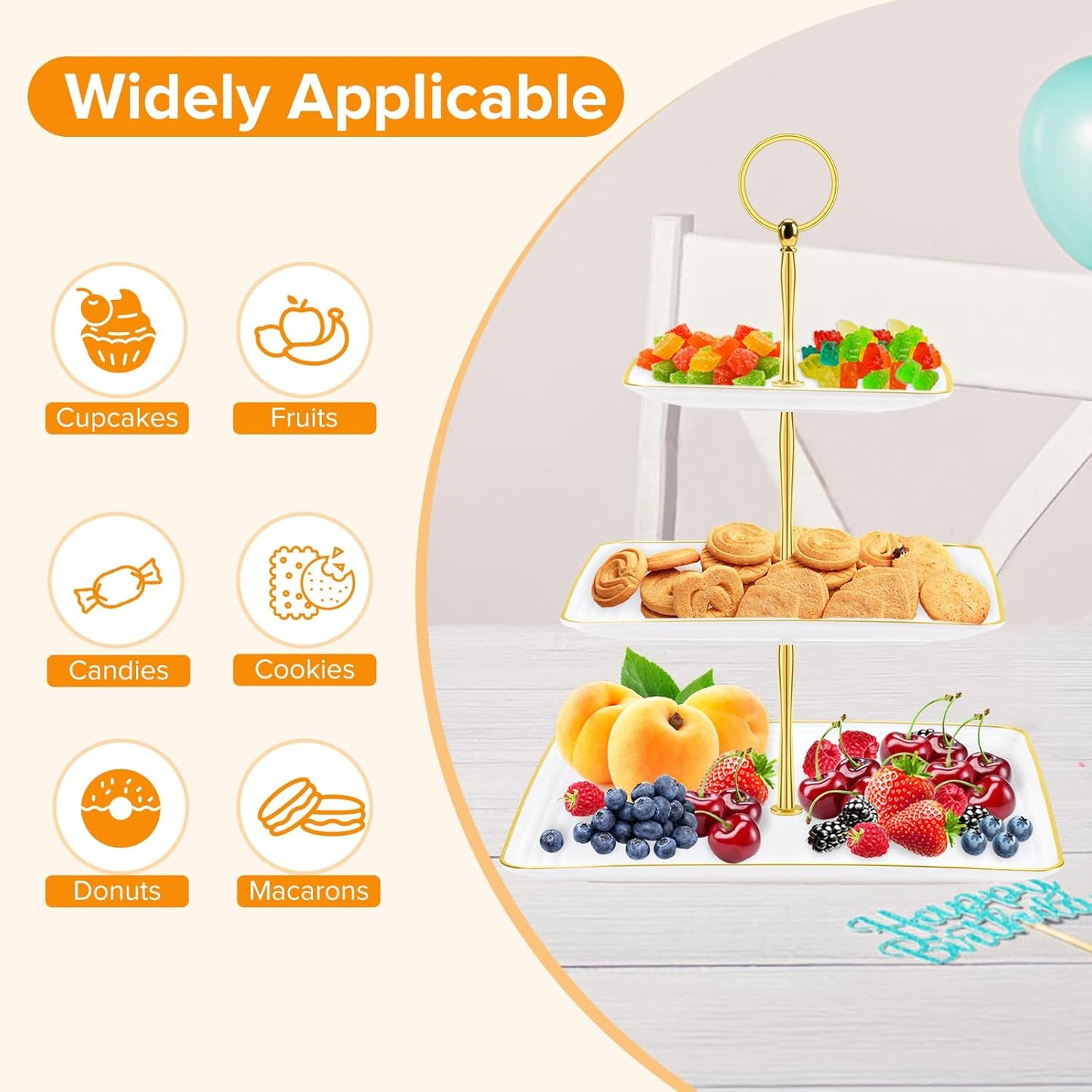 Hoedia 3 Tier Cupcake Stand Tower, Plastic White Cup Cake Holder for Dessert stands, Tiered Serving Tray for Tea Party, Birthday Party, Wedding Decor and Baby Shower(Square)