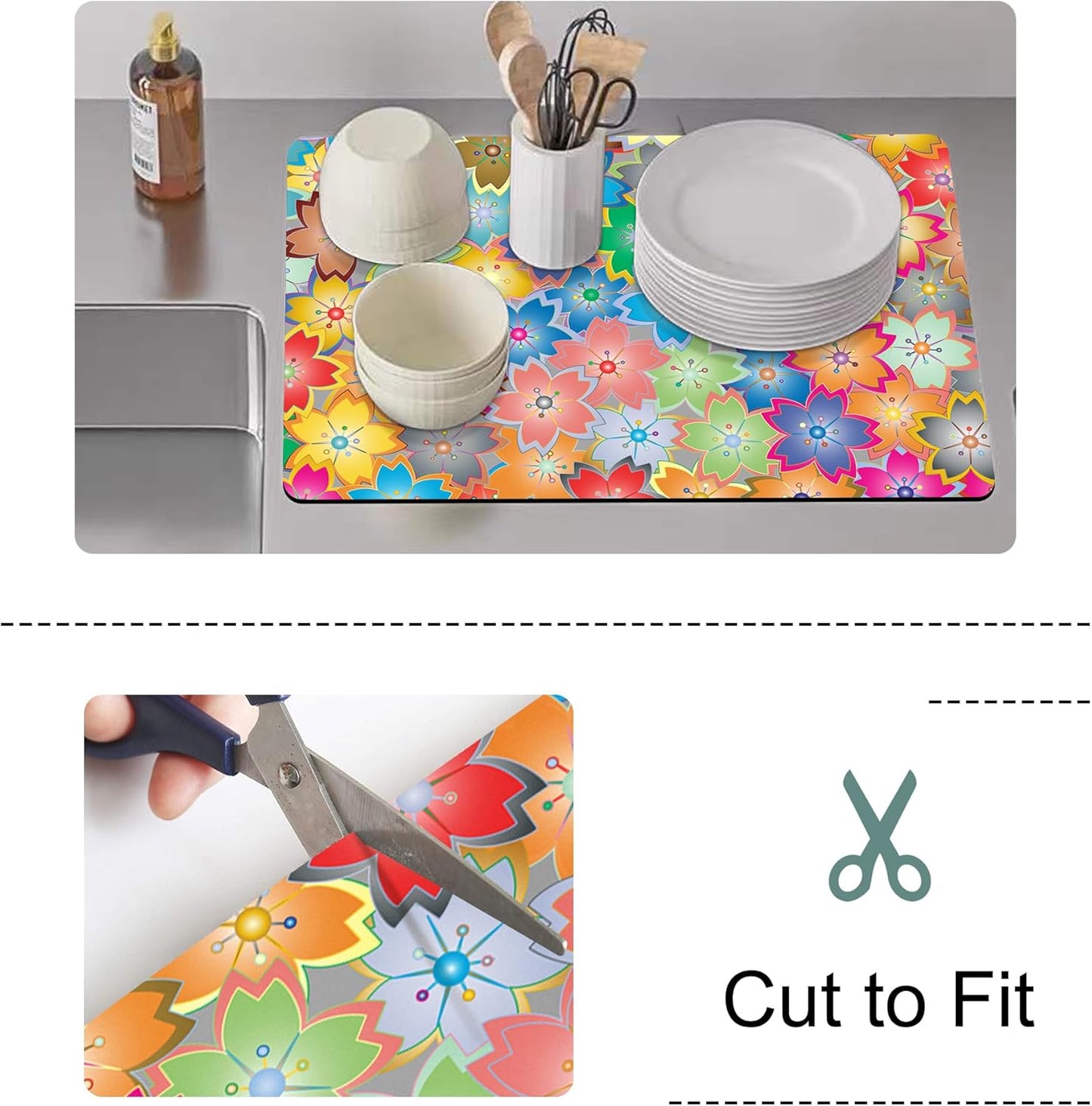 Coffee Mat for Kitchen Counter - Hide Stain Absorbent Dish Drying Mat, Rubber Coffee Bar Mats, Drying Pads, Accessories Fit Under Tea Pot, Cafe Maker, Espresso Machine, Dish Rack, 19"x12", Flowers