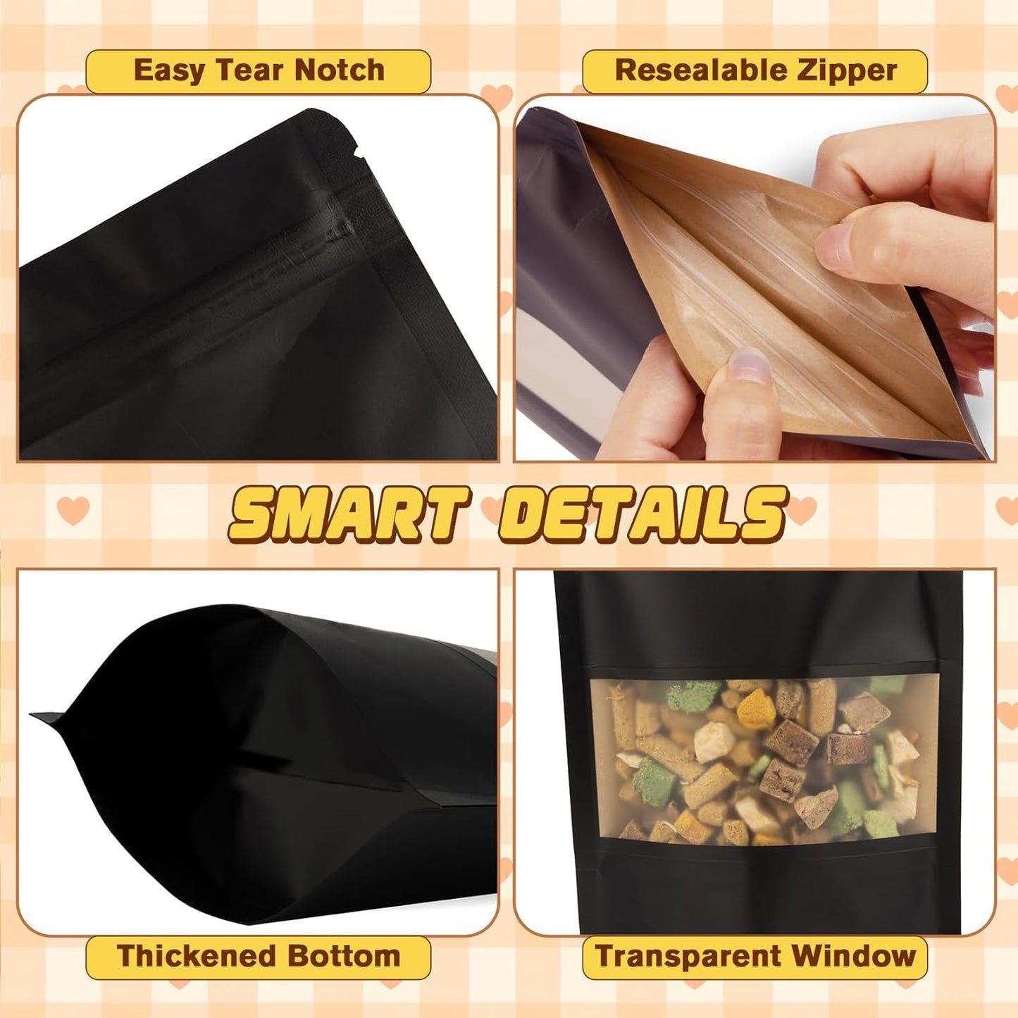 50 Pack Smell Proof Bag, Stand Up Zip Lock Bags, Cookie Bags with Seal, Resealable Pouches, Packing Bags for Cheese, Herbs, Coffee, Spice, Nuts, Soap, Bath Salts, Party Favors, Tea