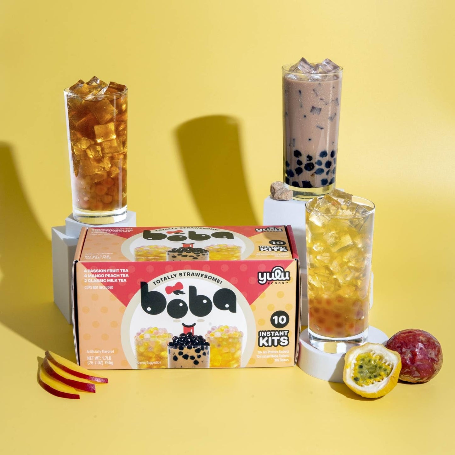 Boba Bundle Kit 10 Serv. Instant Bubble Pearl Variety Milk Tea Kit with Authentic Brown Sugar Tapioca Pearls by Yulu Foods - Ready in Under 1 Minute, Includes Paper Straws - Gift Box, Holiday (Classic, Mango Peach, Passionfruit)