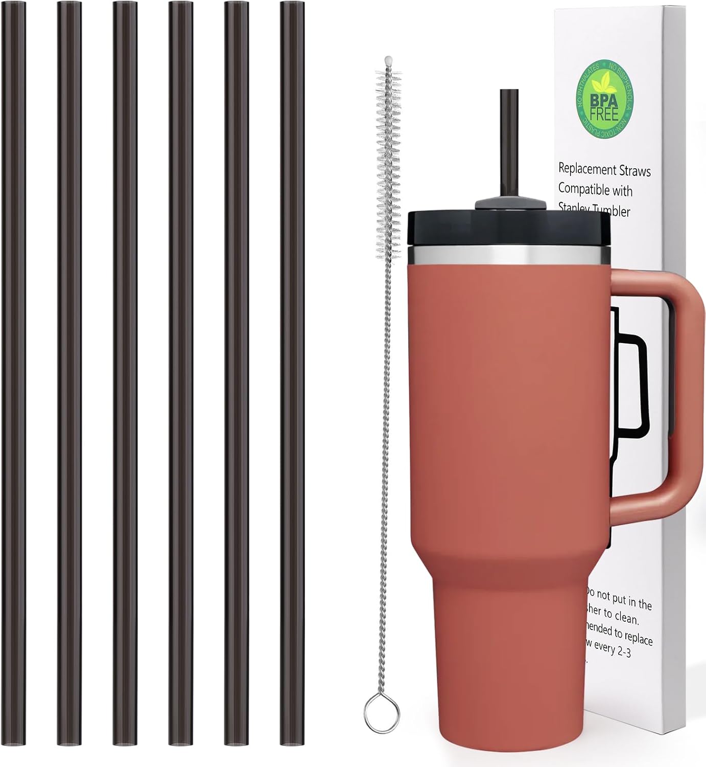 AIERSA 12Inch Replacement Black Straw for Stanley 40/30oz Cups,Plastic Reusable Straw for Stanley Quencher FlowState Tumbler, Long Drinking Straws with Cleaning Brush for Stanley Cup Accessories