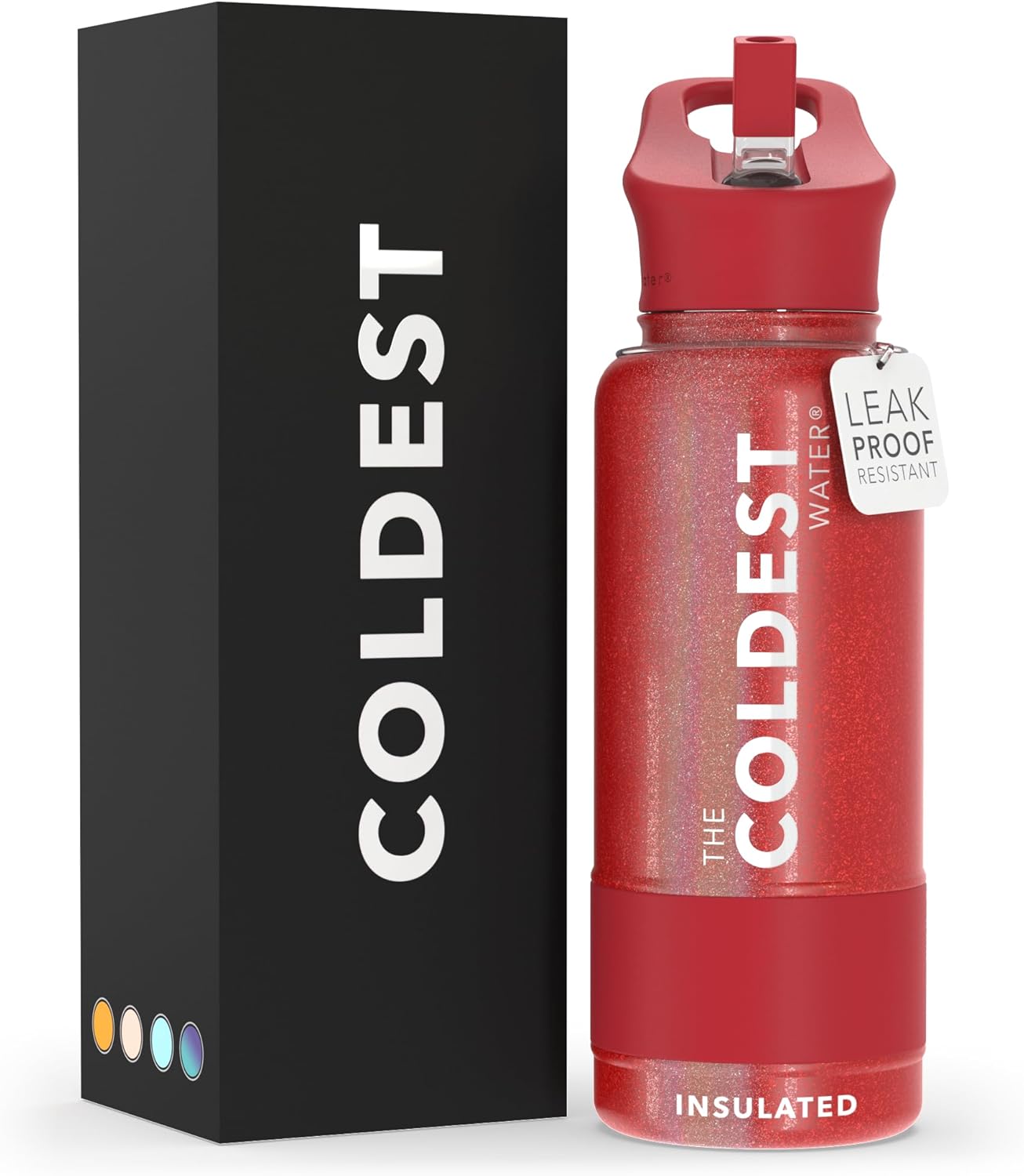 Coldest Insulated Water Bottle with Straw Lid - Stainless Steel Metal Insulated Bottle for Men & Women (Mars Red Glitter, 32 oz)