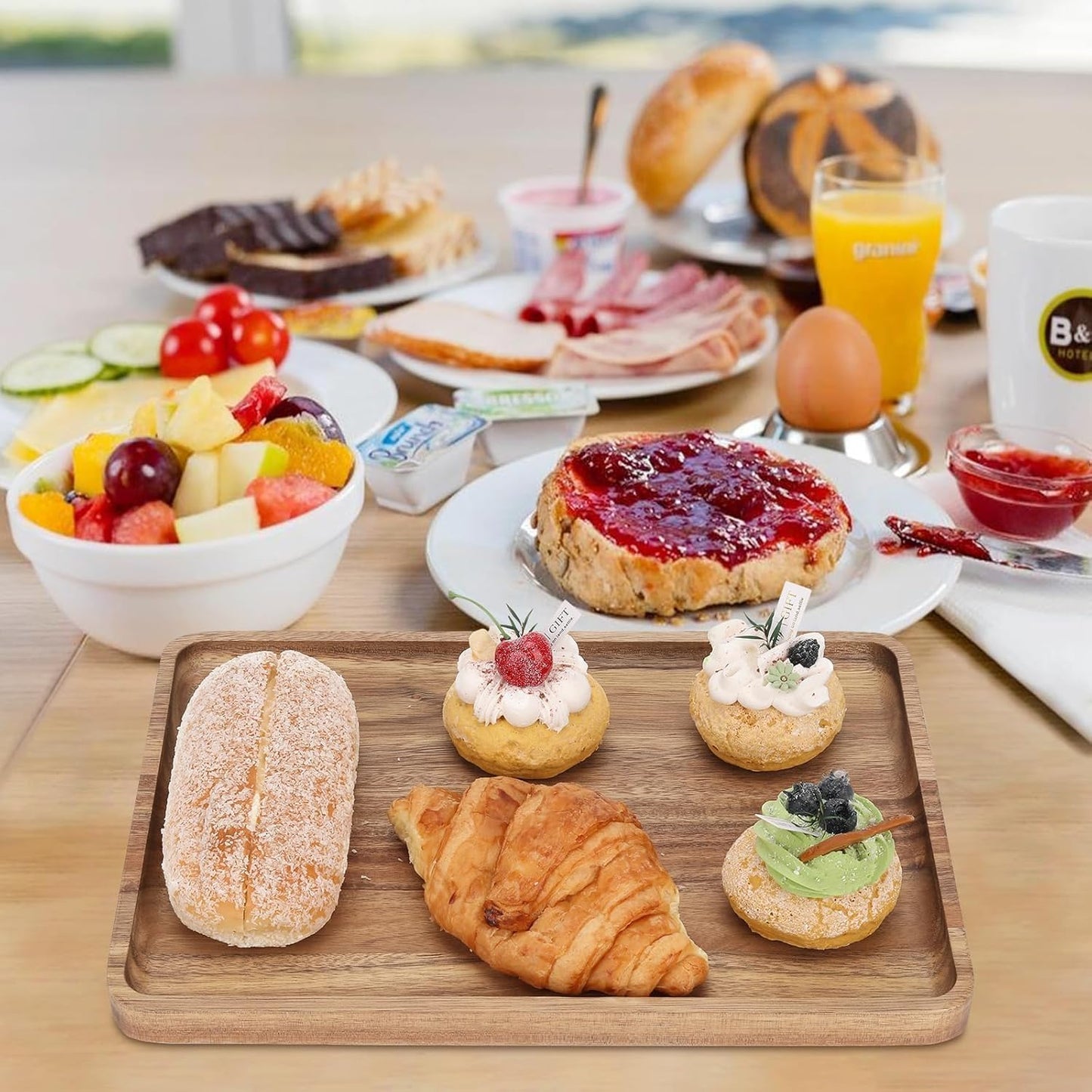 2pcs 15"x10" Large Solid Acacia Wood Serving Trays Rectangular Wooden Serving Platters Natural Wooden Boards for Bar Coffee Party（Wood Log Color）