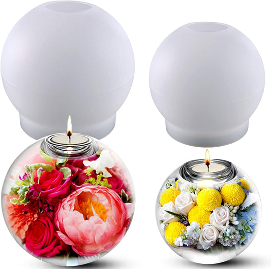 2 Pcs Tealight Candle Holder Resin Molds, Set of Large + Small Sphere Candlestick Silicone Molds for DIY Round Crystals Ball Candle Vessels Craft Epoxy Casting Home Table