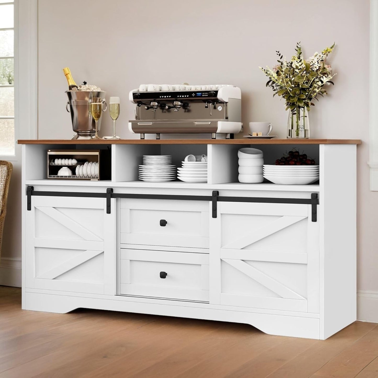 YITAHOME Buffet Cabinet with Drawers, 59" Large Sideboard Buffet Storage Cabinet with Shelves and Doors, Modern Farmhouse Coffee Bar Station Wood Kitchen Table for Kitchen, Dining Room, White