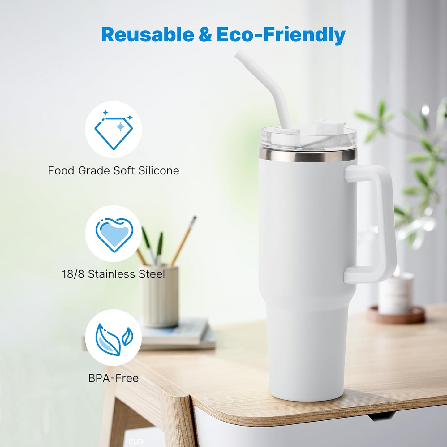 Metal Straw with Silicone Tip for 40oz Stanley Cup, 2 Pcs Stainless Steel Straws Replacement for Stanley 40 oz Adventure Quencher Travel Tumbler Cup, 1 Straw Brush (White)