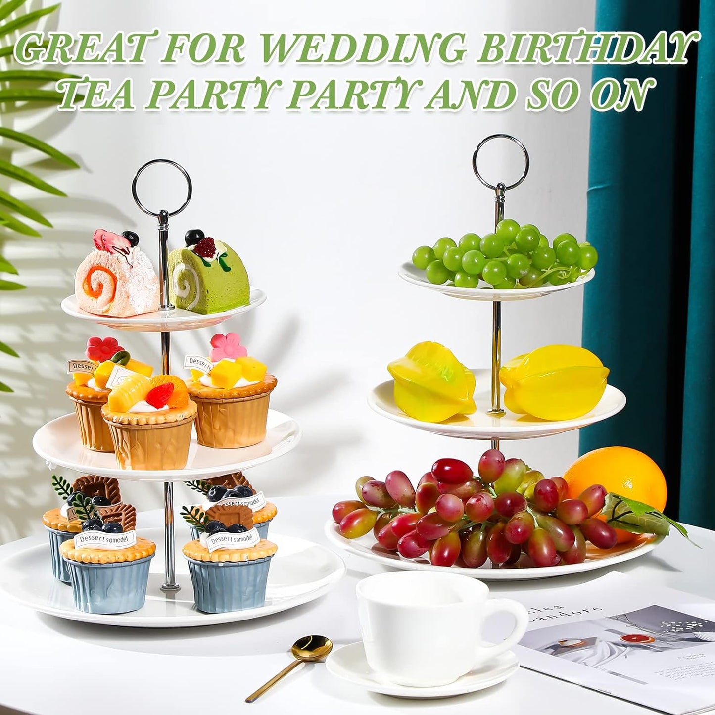 Tatuo 2 Pcs 3 Tier Porcelain Cupcake Stand, Cup Cake Holder Tower, Pastry Serving Elegant Dessert White Ceramic Tiered Stand for Wedding, Birthday, Tea Party(Delicate Round Shape)