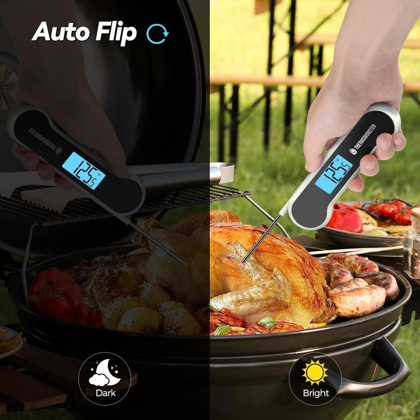 0.5 Sec Instant Read Meat Thermometer Digital with ±0.5℉ Precision, 100% Waterproof Auto Flip Bright LCD Screen, Motion Sensing Food Thermometer for Cooking Kitchen Oven Grill Candy BBQ, White