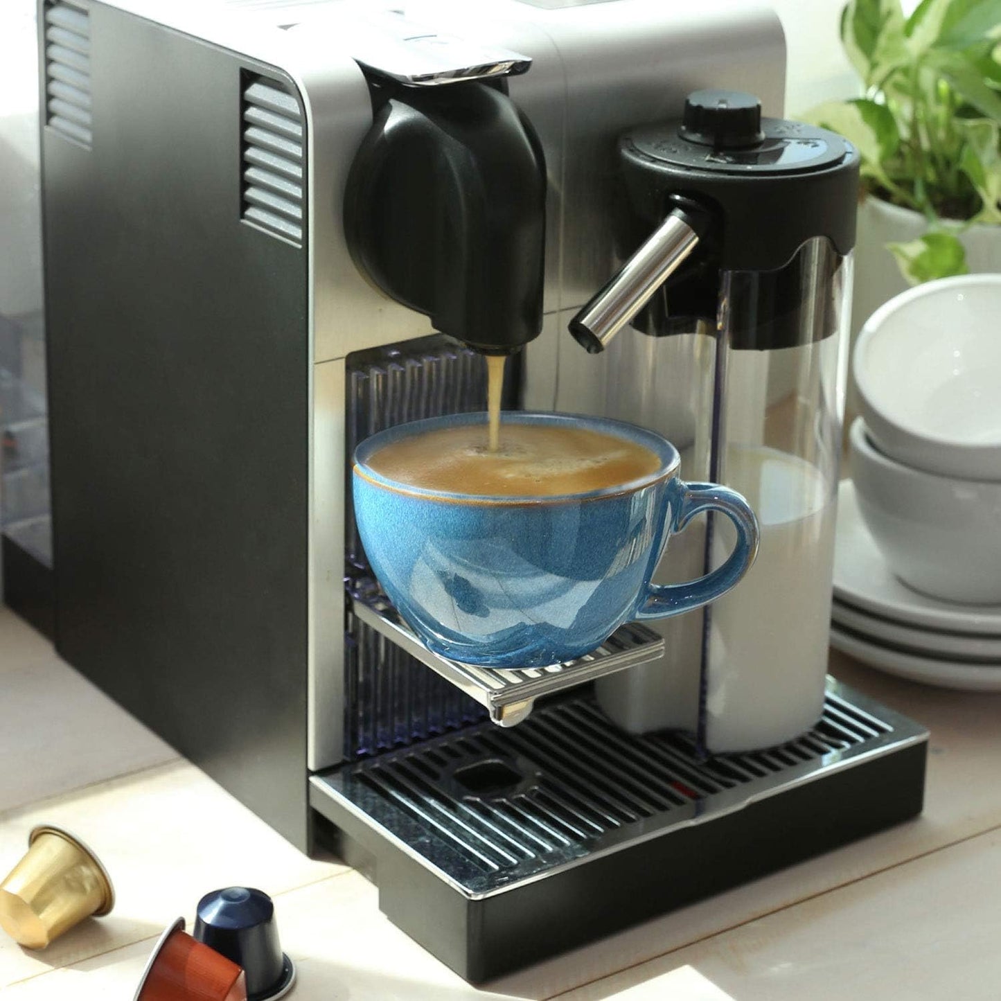 LE TAUCI 6 oz Cappuccino Cups with Saucers, Ceramic Coffee Cup for Au Lait, Double shot, Latte, Cafe Mocha, Tea - Set of 4, Ceylon Blue