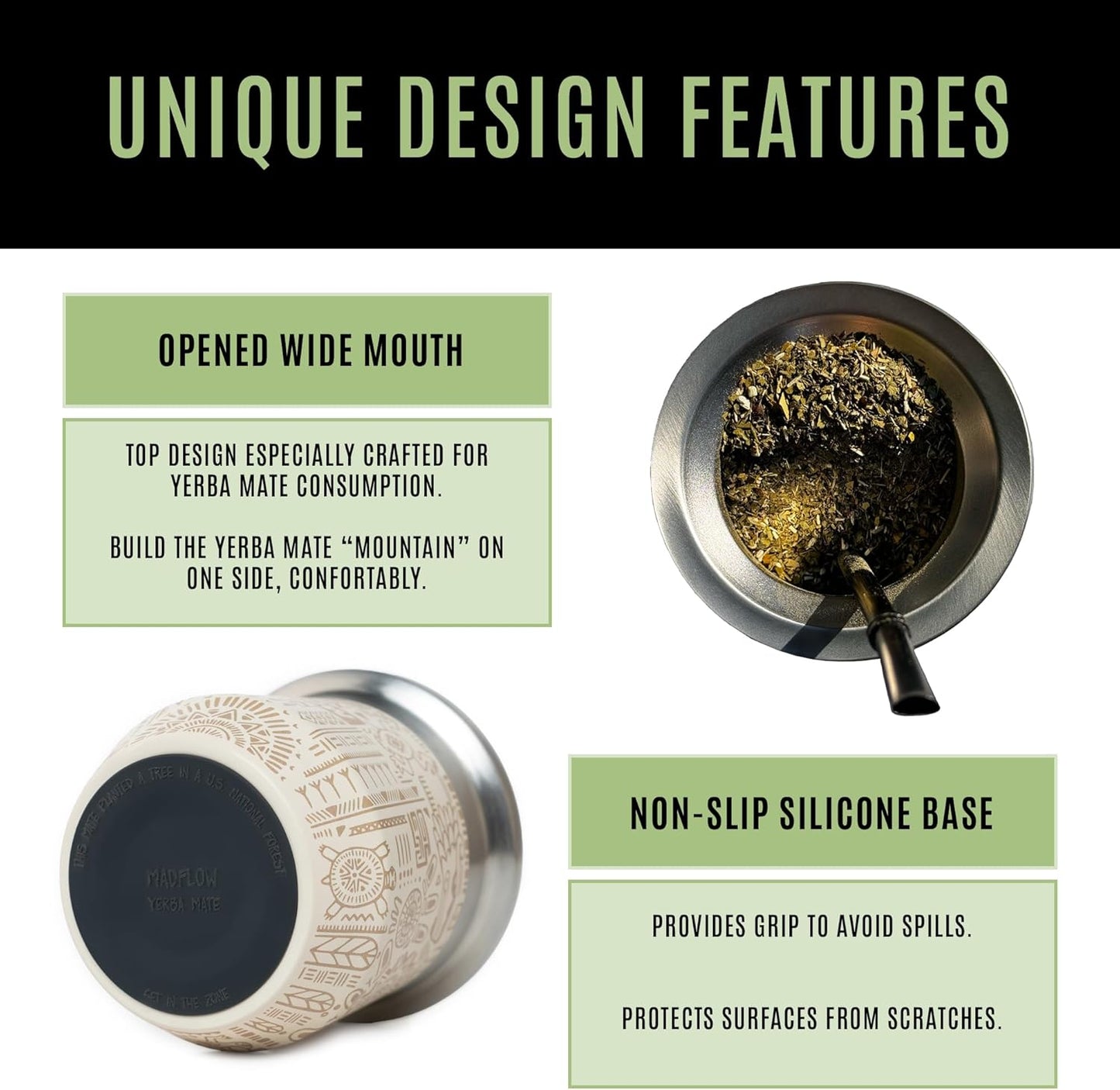 MADFLOW Yerba Mate Cup. Stainless Steel Mate Cup with 2 Bombillas. Double Wall Vacuum Insulated Yerba Mate Gourd. Unique Mate Cup And Bombilla Set