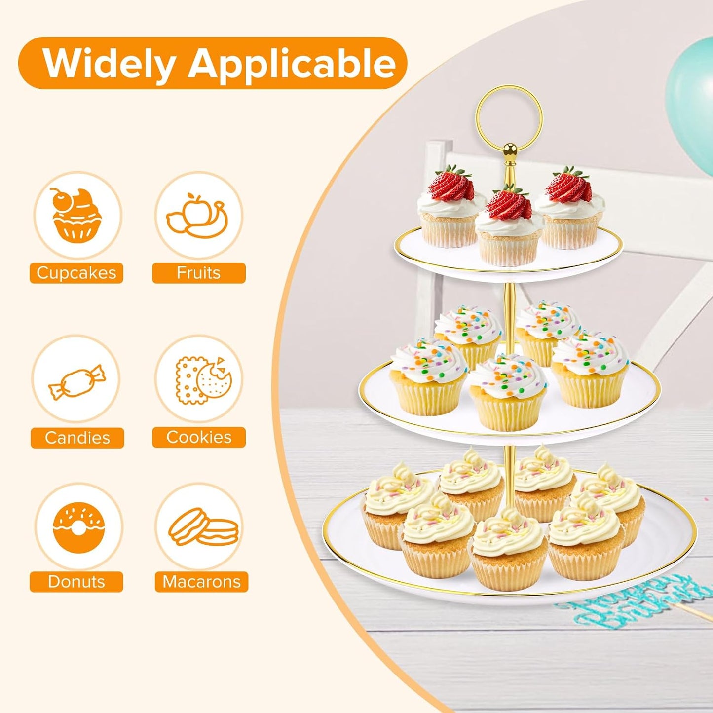 Hoedia 3 Tier Cupcake Stand Tower, Plastic White Cup Cake Holder for Dessert stands, Tiered Serving Tray for Tea Party, Birthday Party, Wedding Decor and Baby Shower(Round)
