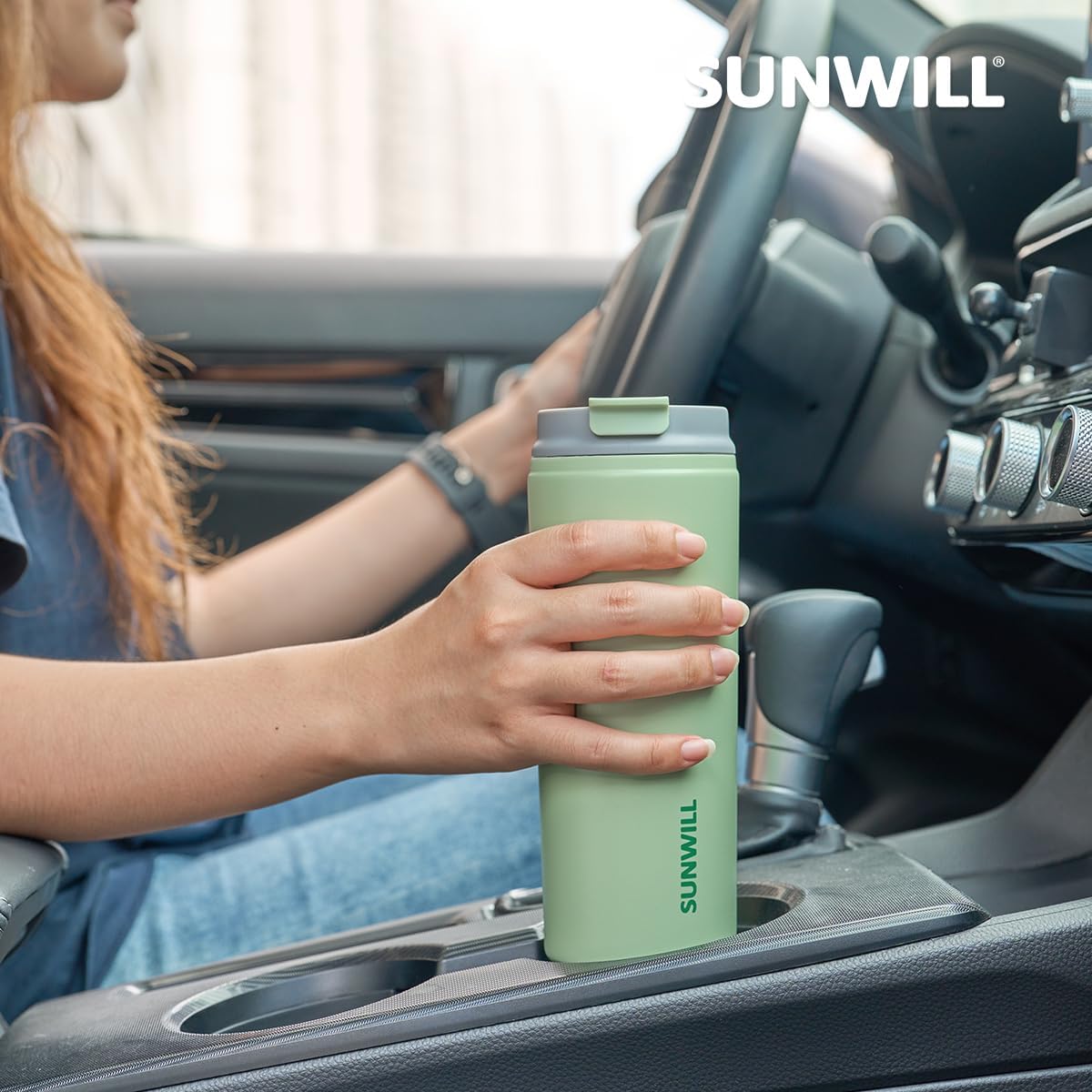 SUNWILL Travel Coffee Mug with Lid, Stainless Steel Coffee Tumbler Cups 16 oz Leakproof, Powder Coated Matcha