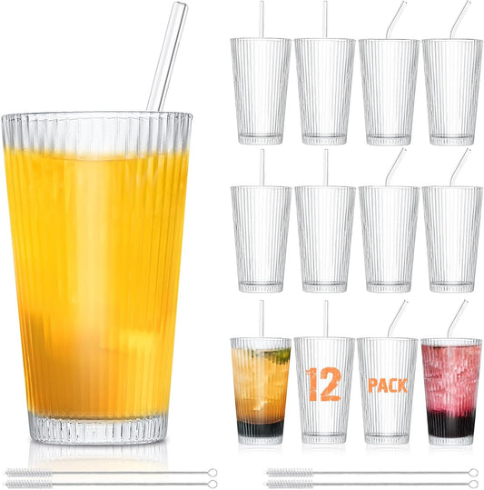 KEMORELA 12-Piece Vintage Ribbed Glassware Set, Old Fashioned Glasses, 16oz Clear Drinking Glasses with Straws, Ideal for Party and Casual Drinking - Classic Design for Any Occasion