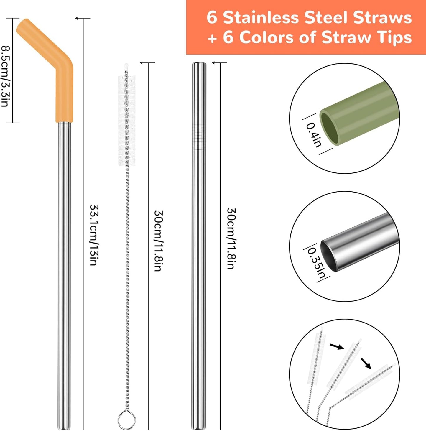 Tomorotec 6PCS Stainless Steel Straws with Silicone Tips Fit for Stanley 40oz Tumbler, 13-Inch Reusable Straw Set with Colorful Extenders & 2 Brushes, Compatible with Wide Mouth Cups (Dark Morandi)