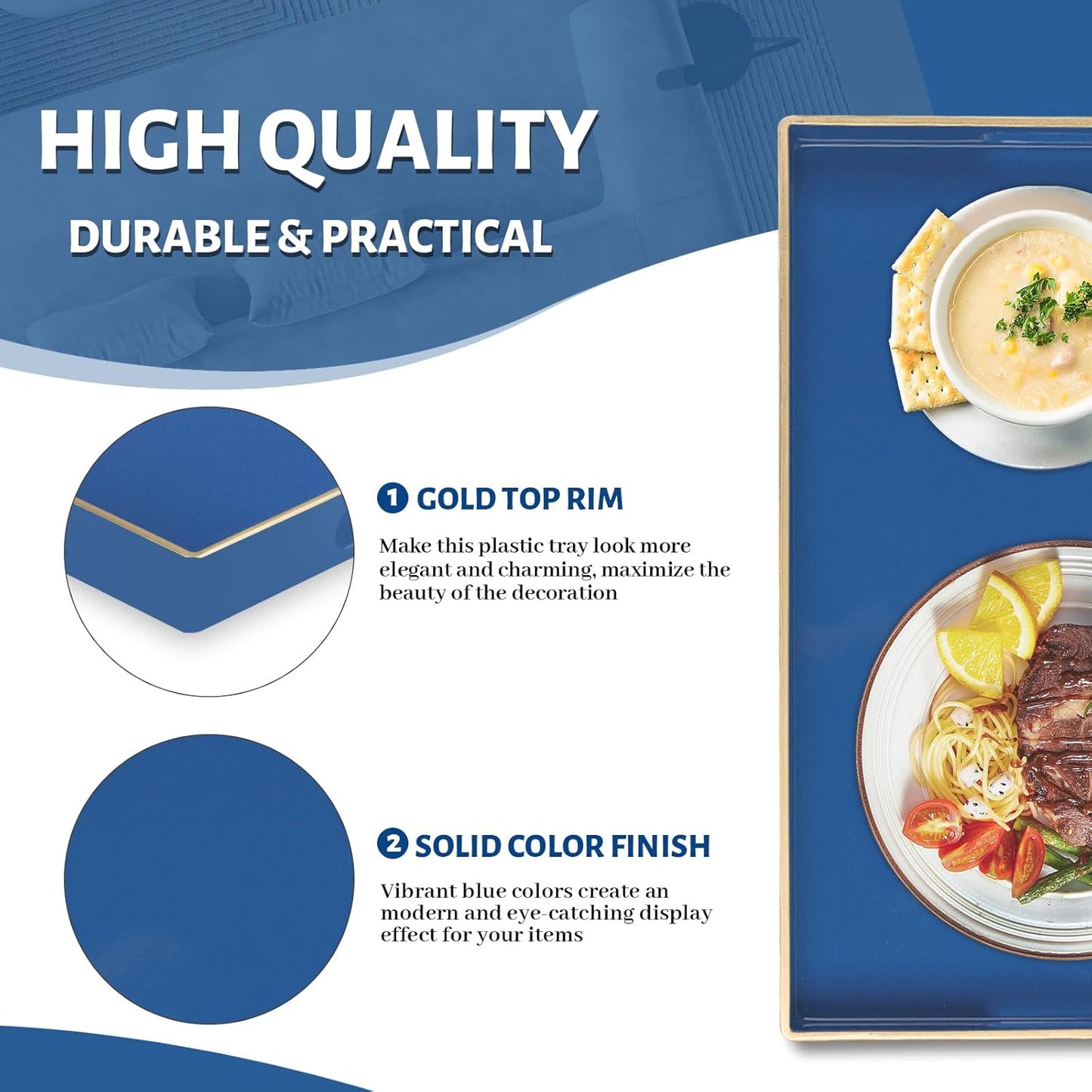 MAONAME Navy Blue Serving Tray with Handles, Modern Decorative Tray for Coffee Table, Plastic Rectangular Tray for Ottoman, Bathroom, Decor, 15.8” x 10.2” x1.4