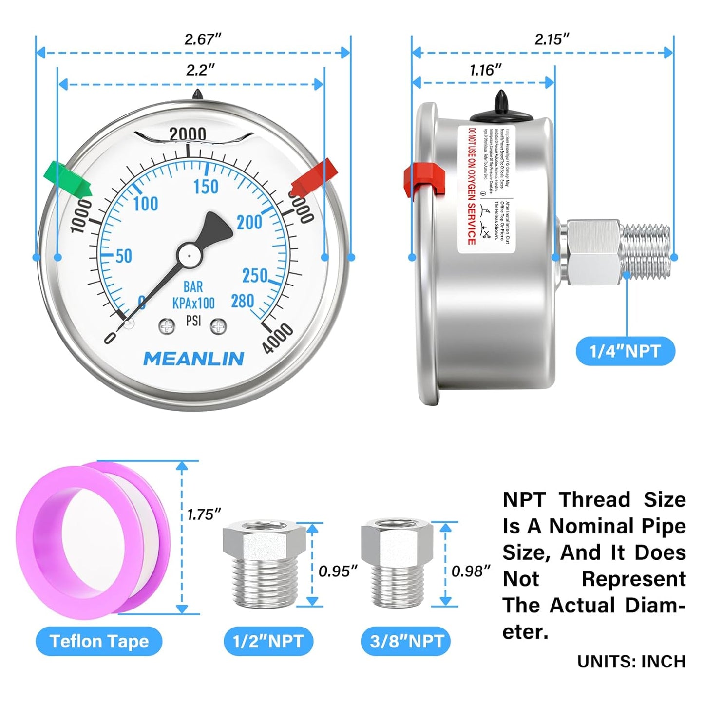 MEANLIN MEASURE 0~4000Psi Stainless Steel Liquid Filled Pressure Gauge 2.5" FACE DIAL 1/4" NPT for WOG Water Oil Air Back Mount with Stainless Steel Hex Bushing and Snaps