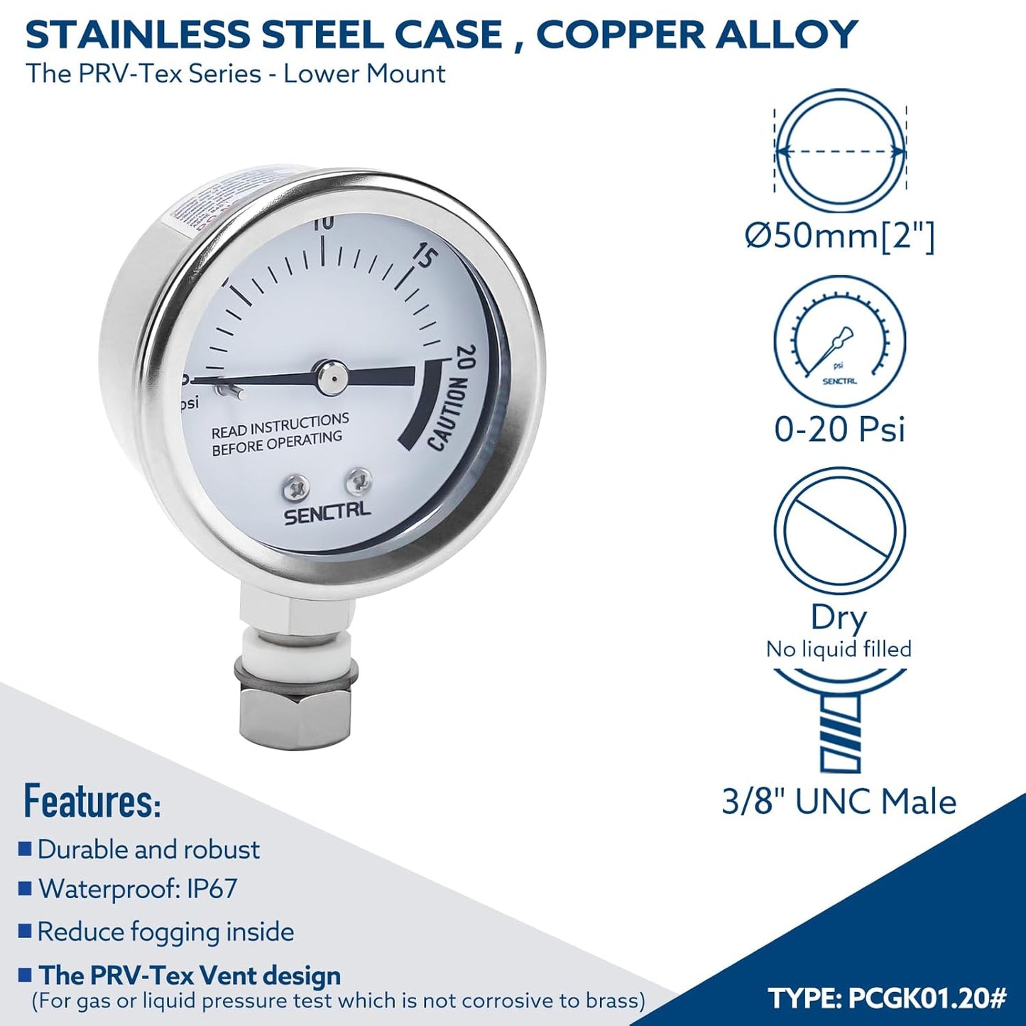 SENCTRL 20 Psi Pressure Cooker Gauge Replacement Part, 2" Dial Size, Stainless Steel Case, 3/8" UNC Male Lower Mount, Waterproof, with Gasket, Metal Washer and Nut, for Steam Canner, Pressure Cooker