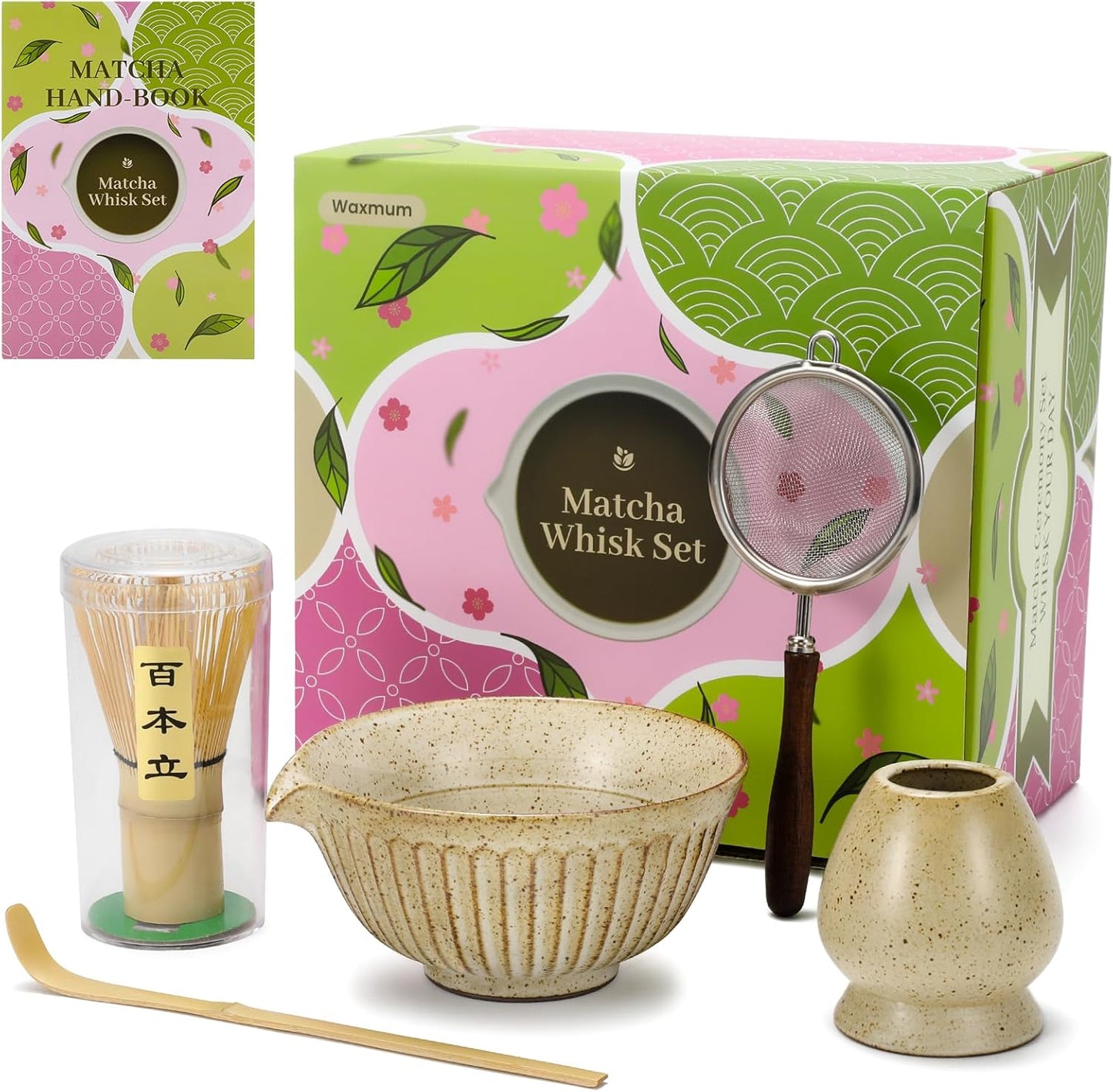 Matcha Set - Match Bowl with Spout and Whisk, 11 OZ, Scoop, Whisk and Holder, Sifter - 5pc Perfect Matcha Kit for Tea Ceremony (Mottled vintage)