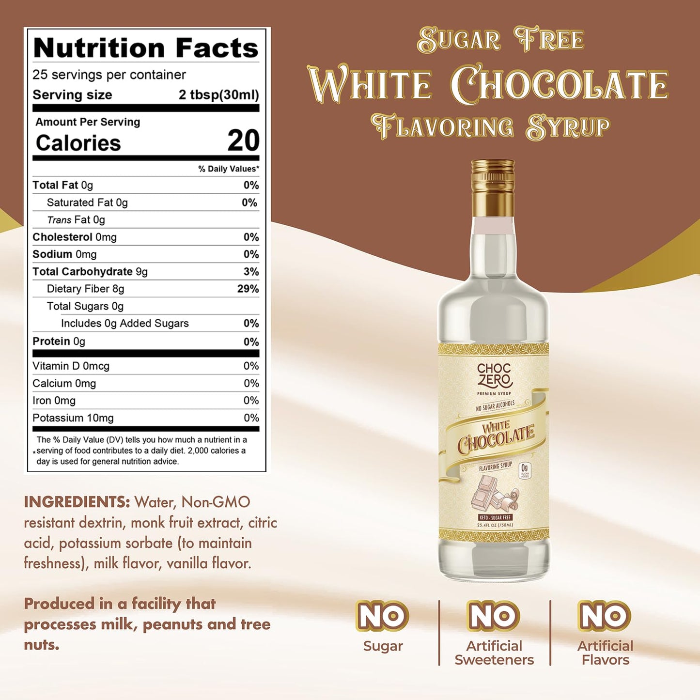 ChocZero Sugar Free White Chocolate Syrup for Coffee - Latte Flavoring Syrups - Keto Friendly, Zero Sugar, 25.4 Ounces (Pack of 1)