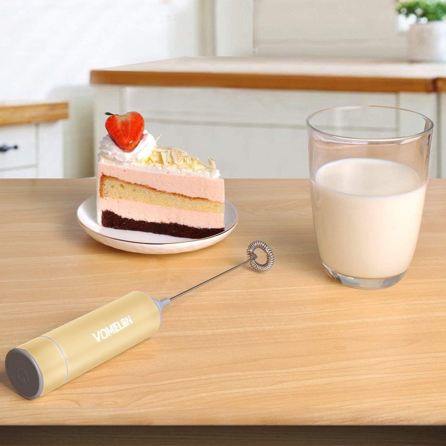 Electric Milk Frother Handheld,Travel Coffee Drink Mixer Batteries Included, 304 Stainless Steel Whisk for latte Cappuccino,Bulletproof Coffee Hot Chocolate,Egg-Beige