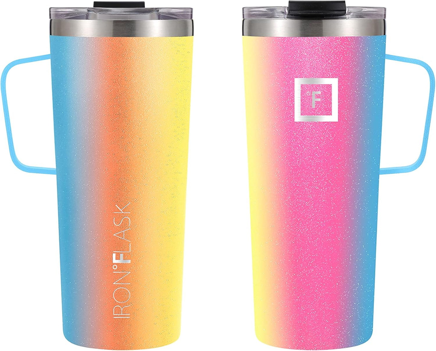 IRON °FLASK Grip Coffee Mug - Leak Proof, Vacuum Insulated Stainless Steel Bottle, Double Walled, Thermo Travel, Hot Cold, Water Metal Canteen - Rainbow, 24 Oz - Classic Bottom