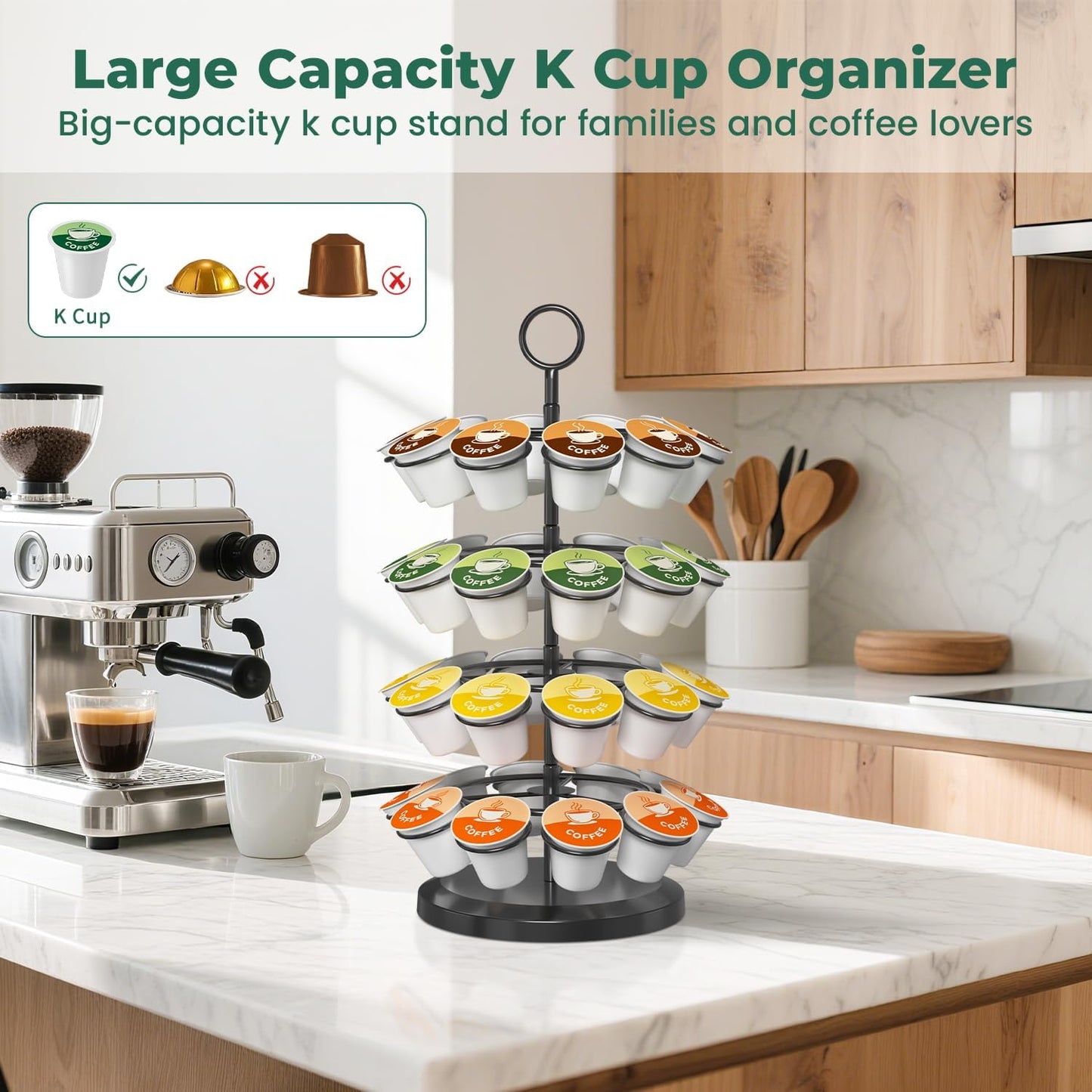 EsLuker.ly K Cup Holder Coffee Pod Organizer Carousel for Counter, Metal Storage Rack Stand for Kitchen, Rotatable 4 Tier Pod Tower Tree for 40 K Cups, Space Saving Meets Elegance, Black