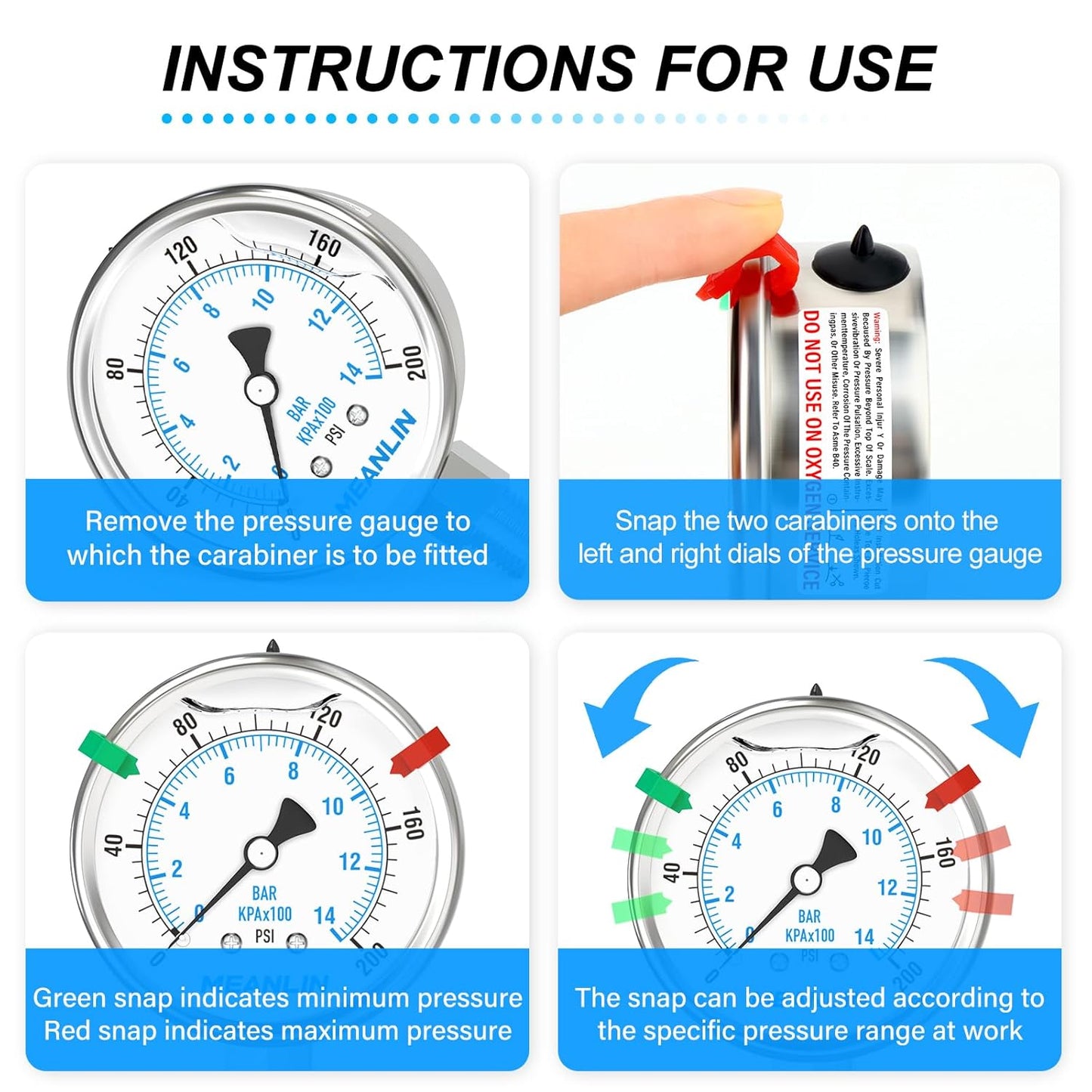 MEANLIN MEASURE 0~200Psi Stainless Steel Liquid Filled Pressure Gauge 2.5" FACE DIAL 1/4" NPT for Air Compressor Air Regulator Water Filter Lower Mount with Stainless Steel Hex Bushing and Snaps