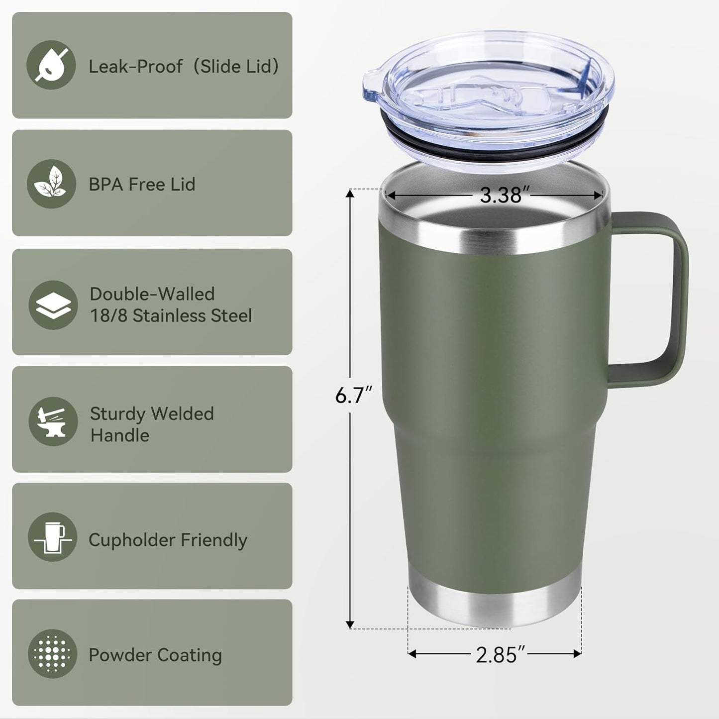 HASLE OUTFITTERS 20oz Tumbler Bulk with Lid, Stainless Steel Tumbler Bulk with Handle, Metal Insulated Travel Coffee Mug Set with Handle, Double Wall Vacuum Leak Proof Tumbler Cup, Amy Green 12 Pack