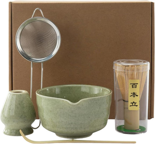 Ceremonial Grade Matcha Whisk Set 5-Piece - Premium Bamboo Chasen & Bowl (17oz) with Spout, Scoop, Stainless Sifter | Spill-Proof Travel Kit & Gift for Matcha Enthusiasts