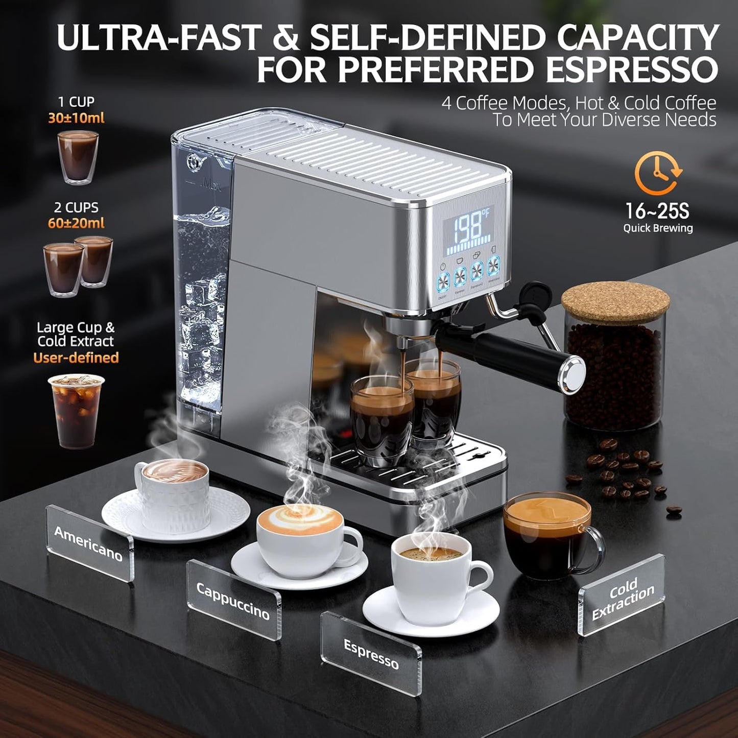 Espresso Machine, 20Bar Compact Stainless Espresso Maker, With Milk Frother Steam Wand, 57.5OZ Removable Water Tank, Displays Making Time & Water Temperature, Cold Brew & Cappuccino, Silver
