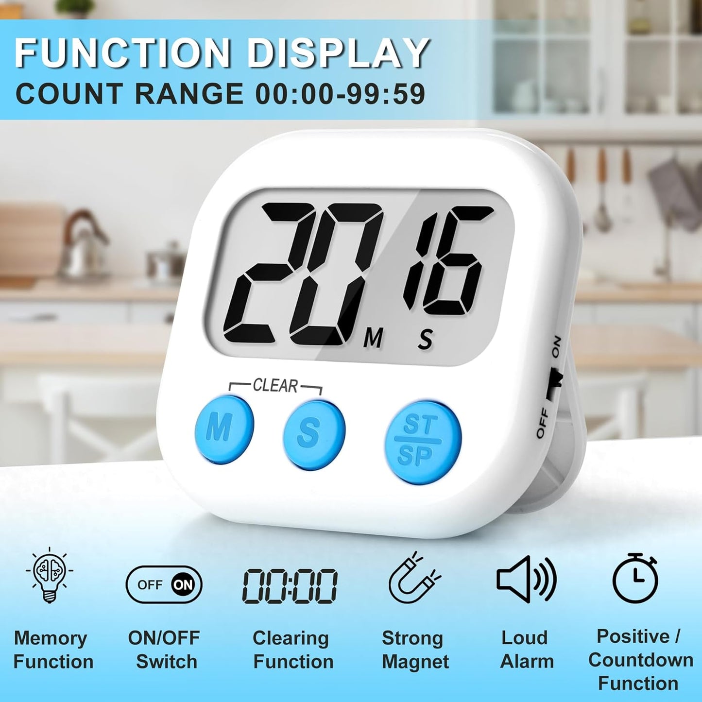 ZILLEEN Kitchen Timer Digital with Magnetic Back for Kids Classroom, White 6 Pack