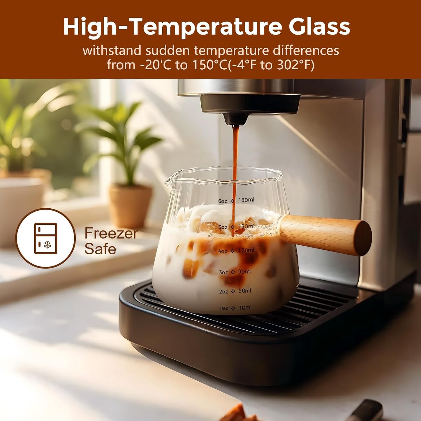 YARRAMATE 2 Pack 6 oz/180ML Glass Measuring Cup with Wooden Handle – Espresso Shot Cups, Ribbed Milk Frothing Pitcher, Dual Scale Markings, V-Shaped Mouth for Easy Pouring