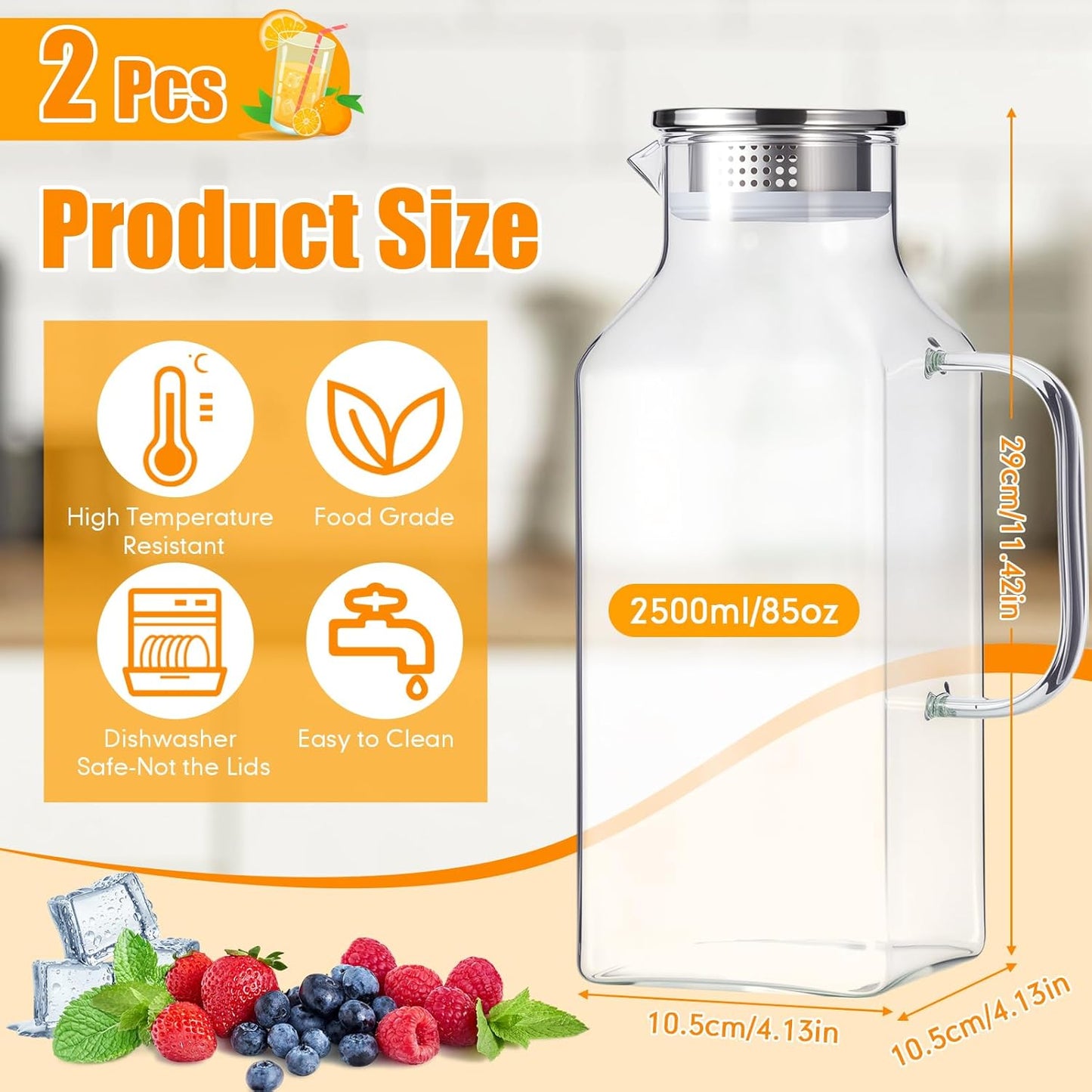 Honeydak 2 Pack 2.5 Liters 85 oz Square Glass Pitcher with Lid and Handle, Glass Water Jars Carafe Jug for Hot/Cold Drinks, Tea, Beverages, Parties and Picnics